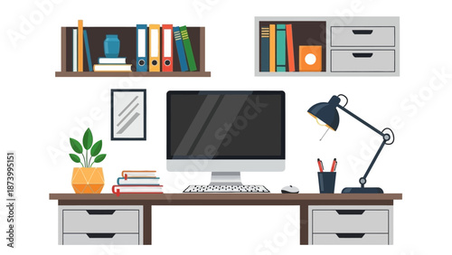 A modern workspace with a computer, books, and office supplies on a desk and shelves in a well-lit office environment from a straightforward viewpoint.