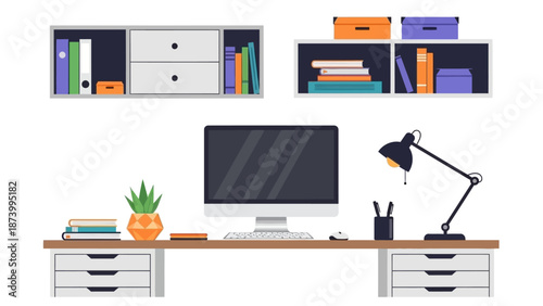 Modern office workspace with computer, lamp, and organized storage units on a white background