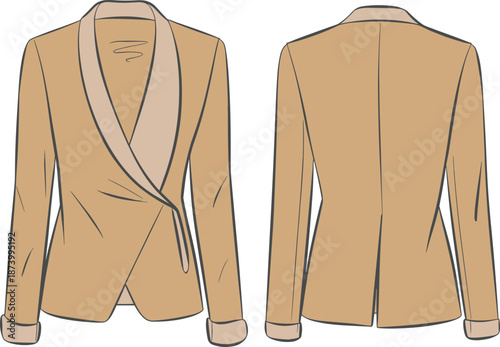 Women’s fashion blazer flat sketch with shawl collar, long sleeve, front and back cad view, apparel vector drawing illustration
