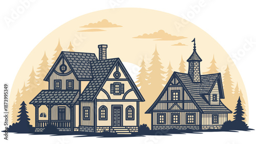 Cozy houses in a forest with a moonlit sky