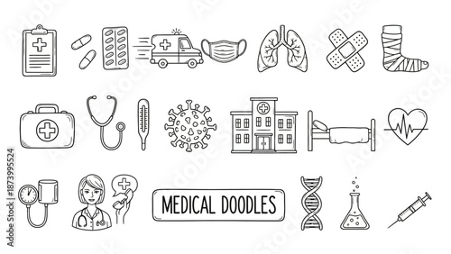Comprehensive Set of Hand-Drawn Medical Doodles and Healthcare Icons, Illustrating Hospital Elements, Treatment Tools, and Disease Symbols for Diverse Health-Related Design Projects