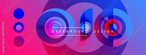 Vibrant abstract design features overlapping circles, gradients. Pink, blue hues dominate composition. Text reads background design.