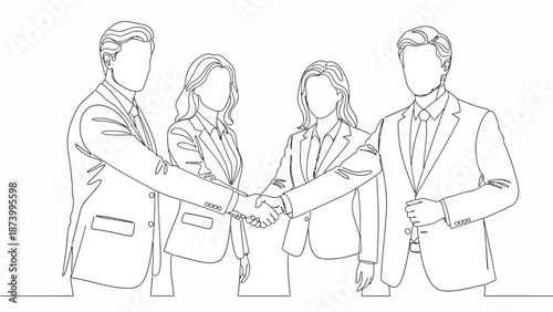 Continuous line art of business people, two men and two women, shaking hands, symbolizing successful partnership, agreement, and teamwork
