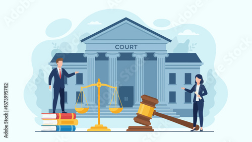 Illustration of a legal concept with a courthouse, scales of justice, gavel, and legal books, representing law and order, justice, and the legal system