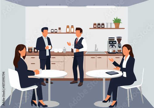 Business people in a modern office breakroom enjoying a coffee break and casual conversation