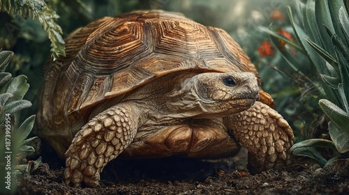 A regal sulcata tortoise ambling leisurely along garden paths shell polished brightly exotic pet