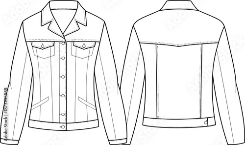 Women’s fitted denim jacket CAD flat sketch with front and back views, fashion technical drawing for garment and apparel design