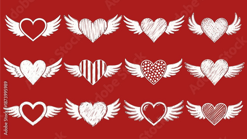 A captivating collection of hand-drawn winged hearts, each with unique textures and styles, symbolizing love, freedom, and romance for heartfelt designs
