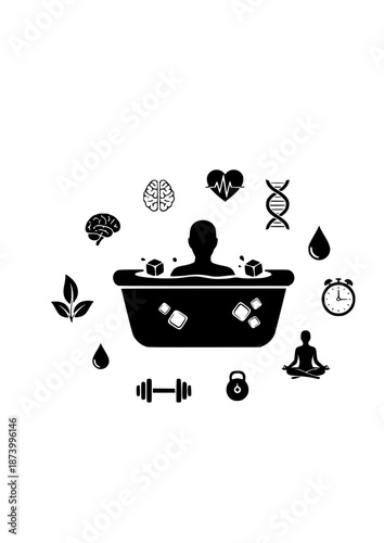 Biohacking Concept Silhouette, Person in Ice Bath Cold Plunge, Wellness and Recovery Trend, Minimalist Health and Longevity Vector Art