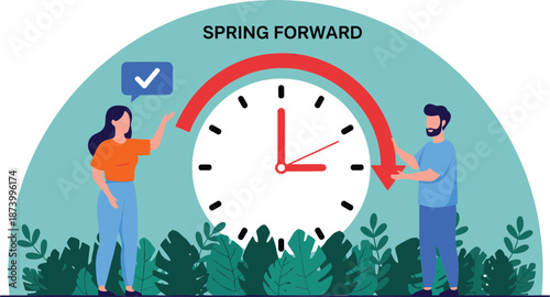 Flat vector lifestyle illustration of people adjusting a large clock for the Spring Forward Daylight Saving Time change.