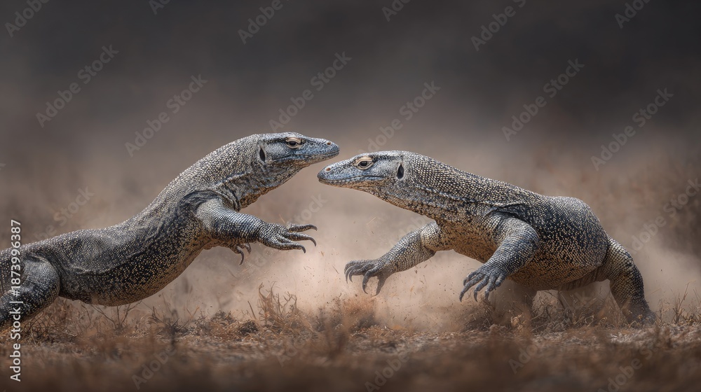 Obraz premium A pair of fighting monitor lizards in a territorial clash reptiles captured in dynamic high-action wildlife photography