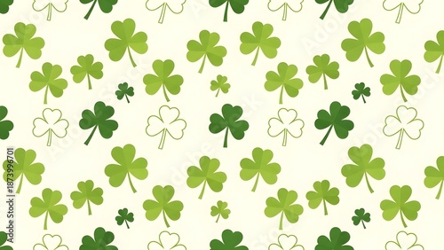 A vibrant pattern of various green shamrocks on a pale yellow background for st patricks day designs and festive decorations