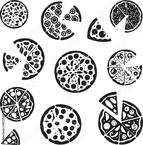 black and white pizza icons with various toppings