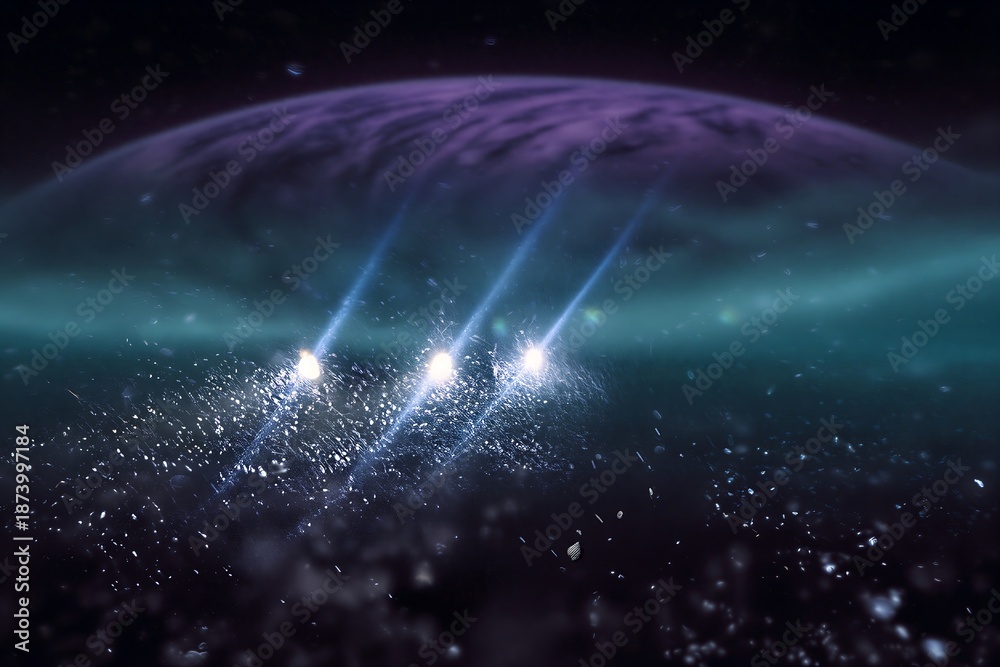 Obraz premium Bright glowing light rays scattering through dark cosmic dust clouds
