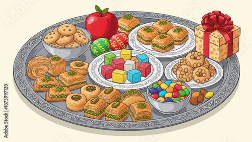 A beautifully arranged silver platter filled with an assortment of colorful sweets and treats including cookies candies chocolates and a gift box on a decorative