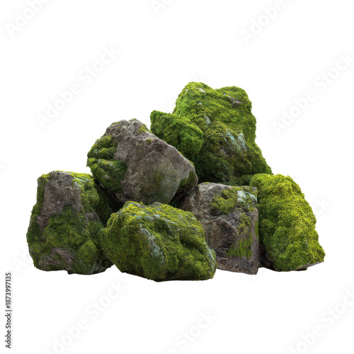 A pile of mossy rocks on a black background