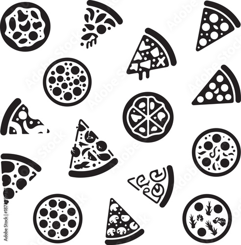 black and white pizza slices and pies on white background
