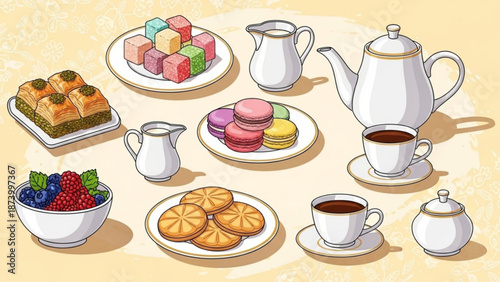 Elegant afternoon tea setting with assorted pastries and desserts on white china against soft beige background with sweet treats and luxury and gourmet