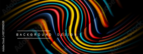 Abstract colorful waves form dynamic background. Bright hues blend, creating modern visual impact. Text reads background design.