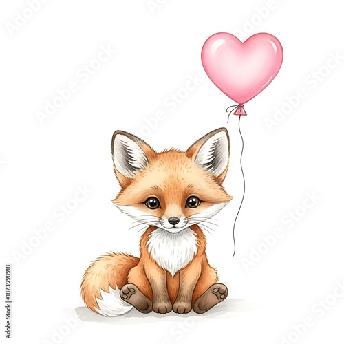 Adorable Fox Cub with Heart Balloon - A Watercolor Illustration.