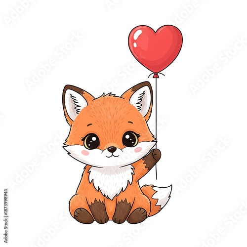Adorable Fox Cub with Heart Balloon - A Whimsical Illustration.