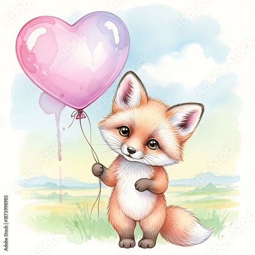 Adorable Fox Cub with Heart Balloon - A Whimsical Watercolor Illustration.
