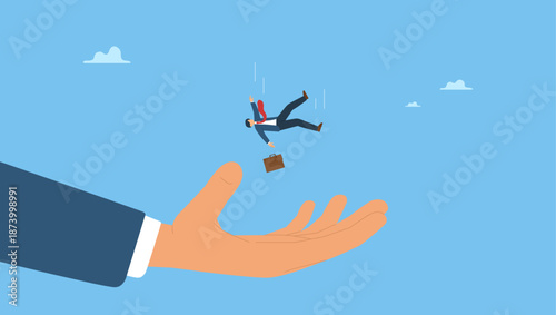 Businessman investor falling from the sky into a soft helping hand. Business support, insurance or emergency money to rescue in economic crisis or investing margin of safety to protect losses.