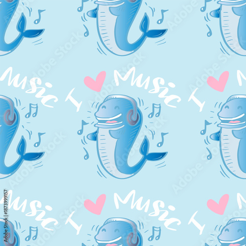Seamless vector pattern with cute dolphins and lettering I love music.