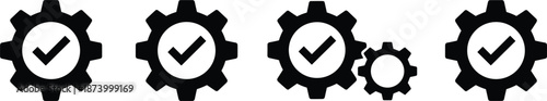 Professional black solid gear icon set featuring various cogwheel designs with check marks for verified mechanical engineering processes.