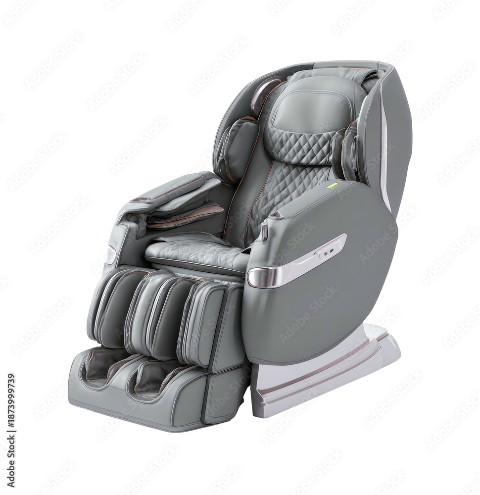 Fototapeta premium Modern, gray massage chair with quilted headrest, armrests, and footrest