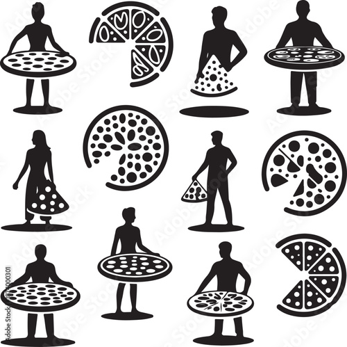 black silhouettes of people serving pizza slices and pies