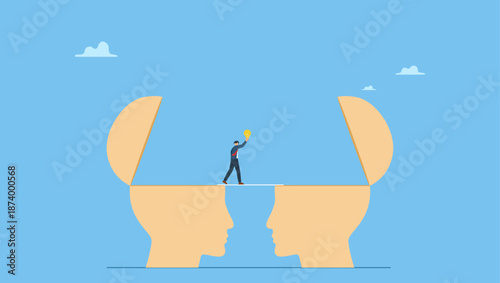 Businessman holding idea light bulb walking on the bridge from human head brain to other. Knowledge transfer or idea sharing between employee or teamwork, skill training or work transition.