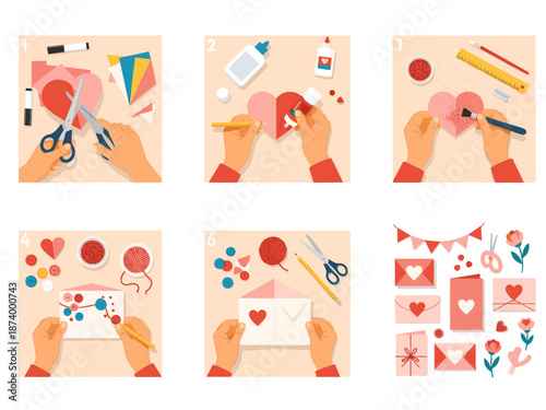 Illustrated image of hands holding a diagram made of colorful buttons connected by a red string. Could be used for crafting or business concepts.