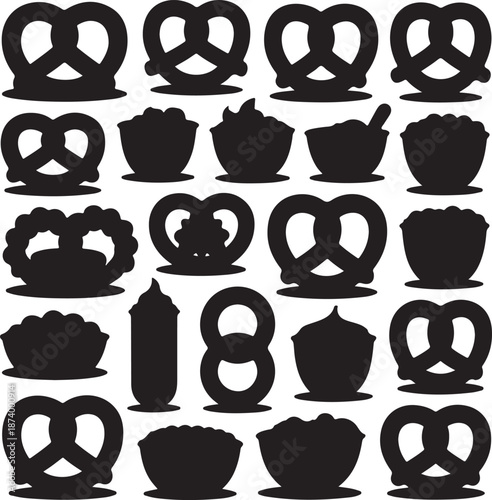black silhouettes of pretzels and teapots on white background