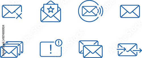 Professional blue outline email icon set featuring favorites delete synchronization alerts and message notifications for digital business communication.