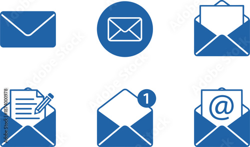 Professional blue solid icon set featuring various email envelopes open messages with notifications and contact at symbol icons.