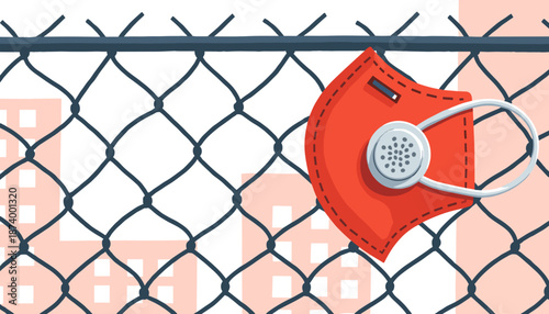 Red face mask hanging on wire fence against urban background  