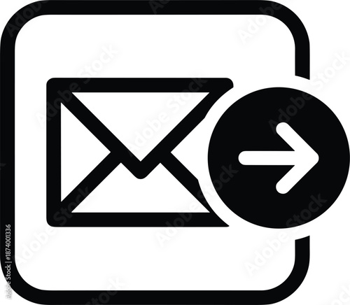 Professional black outline email icon featuring a document border and a circular arrow indicating sent or outgoing messages.