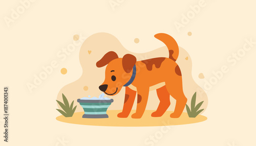 Happy dog drinking water from bowl on light background  