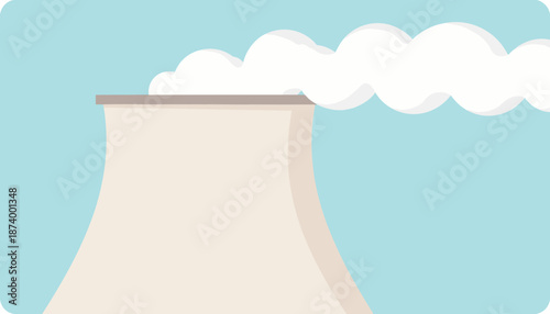 Cooling tower emitting steam against a blue background  