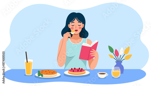 Woman drinking milk while reading book