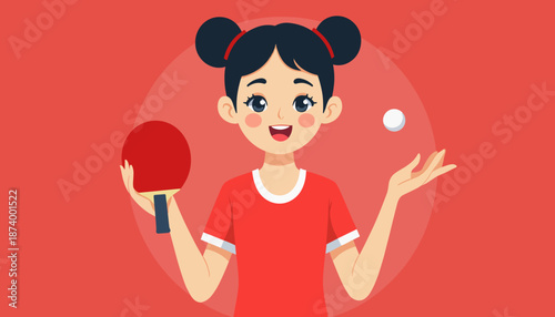 Young girl smiling while holding table tennis paddle and ball  
