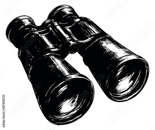 Hand drawn line art illustration of binoculars depicting a tool for observation for travel and exploration