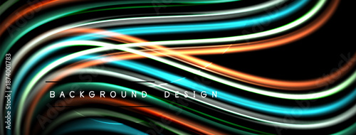 Abstract neon lines flow across black space. Vibrant colors create dynamic, modern background design. Smooth curves suggest movement.