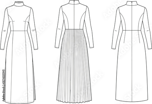 Women’s maxi dress CAD, high neck, long sleeve, pleated and plain skirt, fashion technical flat, vector template