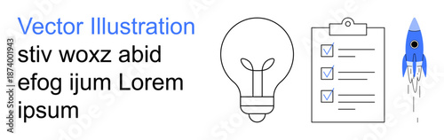 Creativity, productivity, innovation, business goals, project management, startup growth. Lightbulb, checklist and rocket icons on a clean layout. Creativity and productivity concept