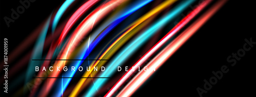 Abstract flowing lines, vibrant colors, dynamic composition. Dark background emphasizes bright streaks, modern design element.