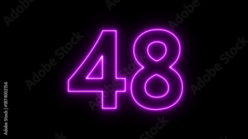 glowing neon text 48 number countdown icon. flickering neon number 48 on black background.