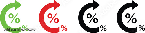 Professional percentage icon set featuring colorful green red and black circular arrows for financial interest rates and exchange.