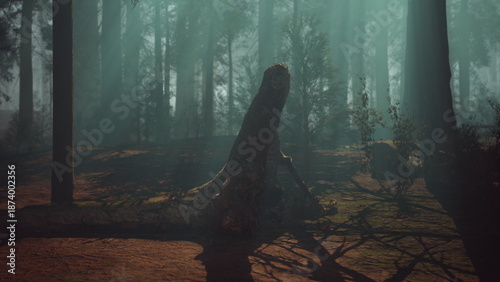 Photos An eerie scene unfolds in a dimly lit forest where a shadowy figure stands amongst tall trees